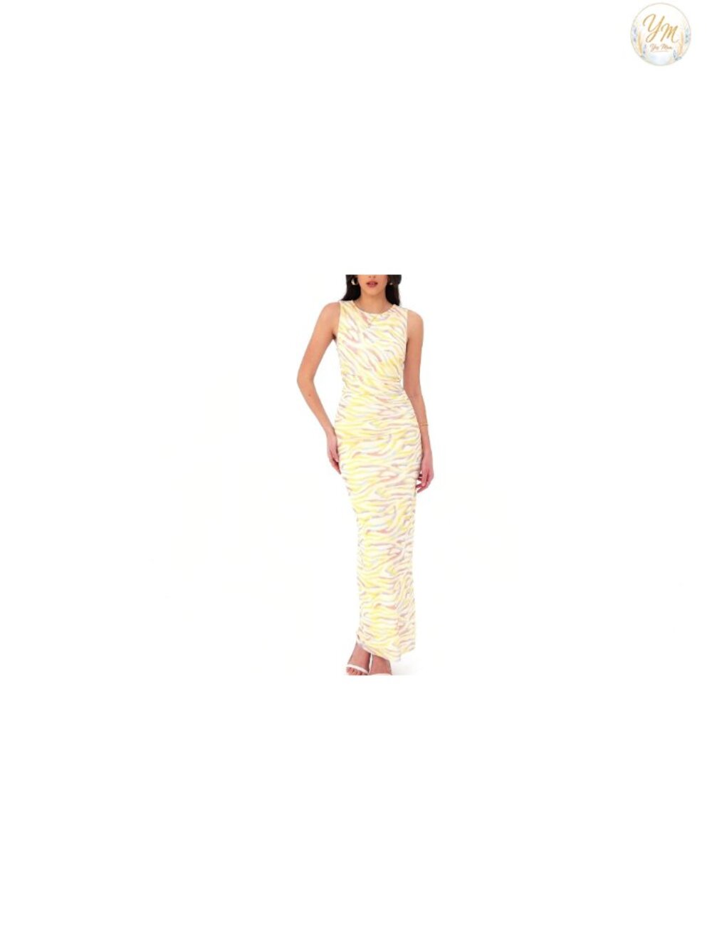 Sleeveless Ruched Bodycon Maxi Dress Women Formal Floral Mesh Long Dress - Picture 6 of 6